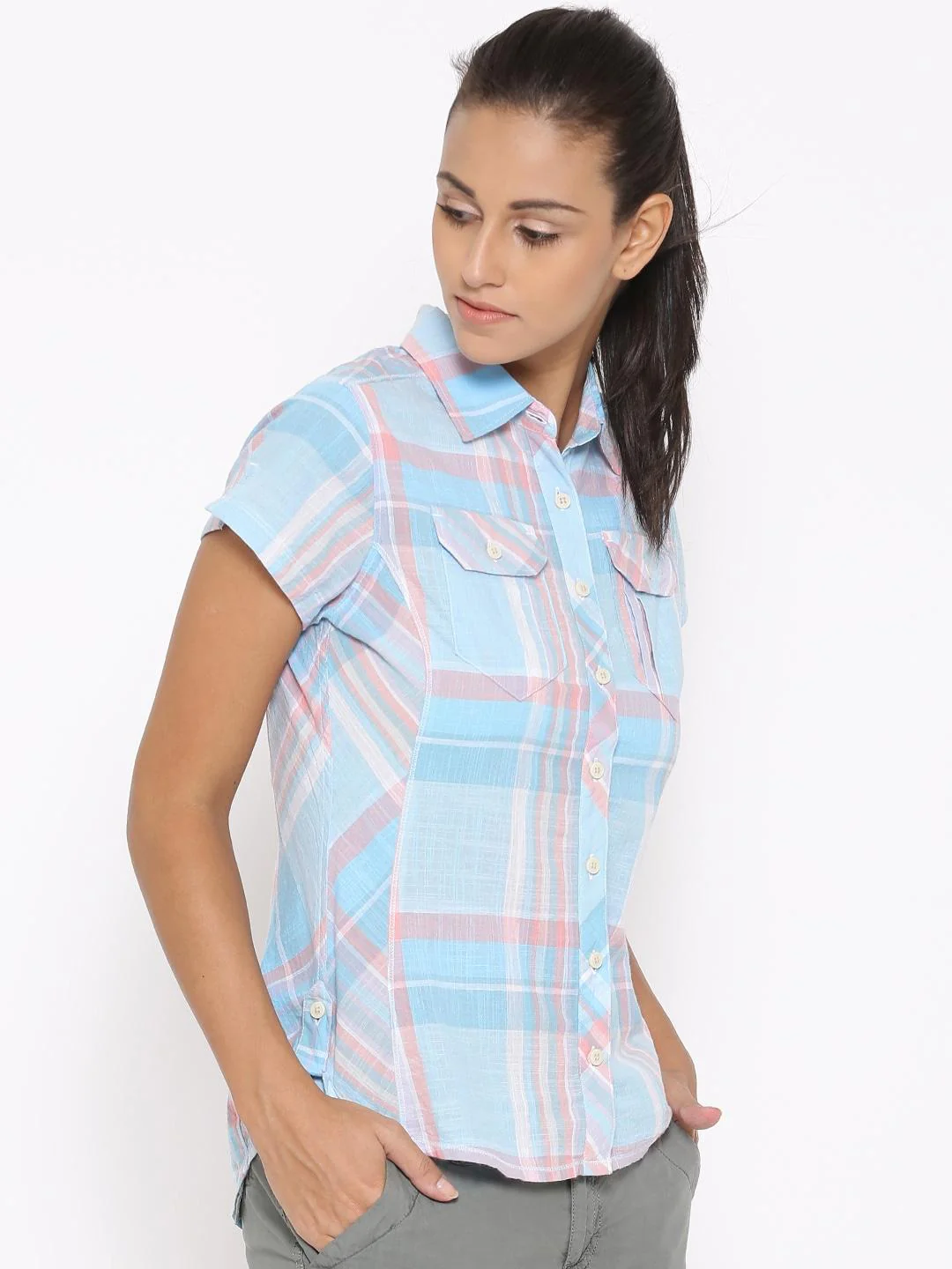 Columbia Women Blue Camp Henry Short Sleeve Shirt - Image 3