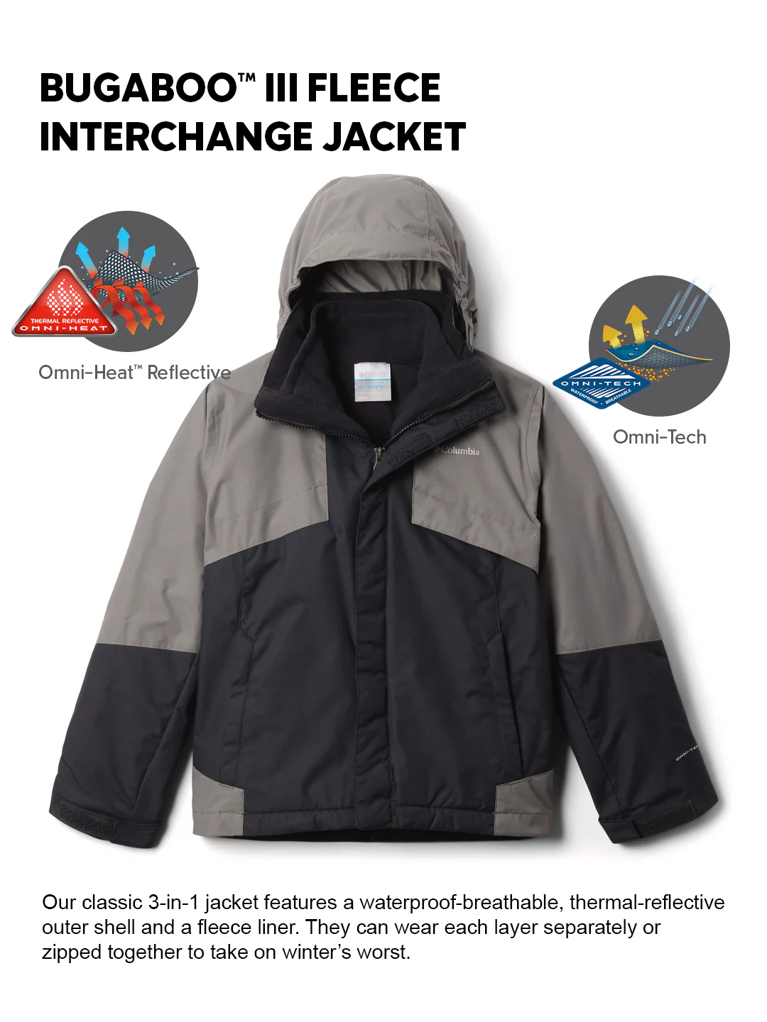 Columbia Kids Boys Black OmniHeat Reflective Bugaboo III Fleece Interchangeable Jacket - Image 2