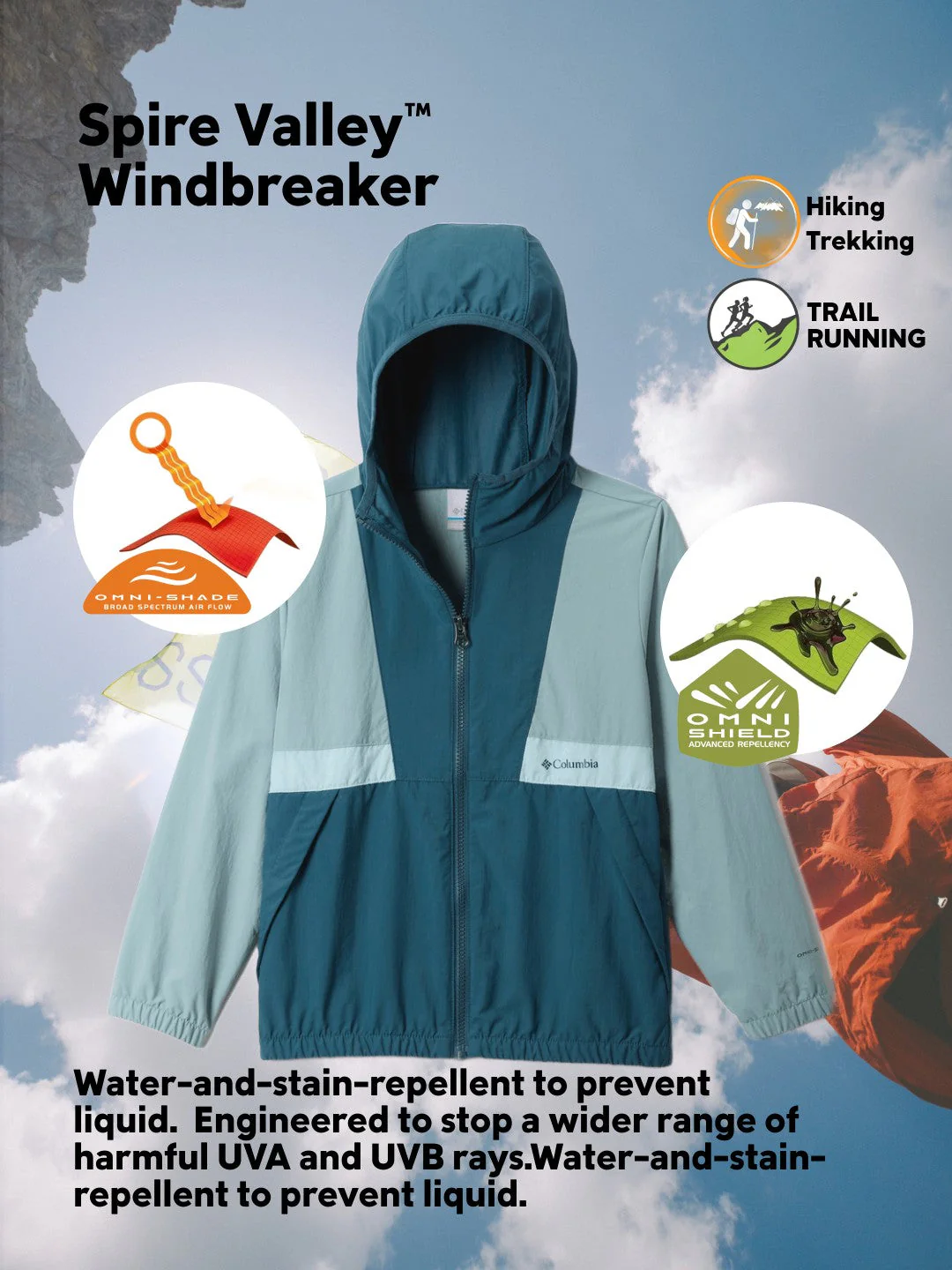 Columbia Kids Boys Blue Omni-Shade Spire Valley Windbreaker - Image 2