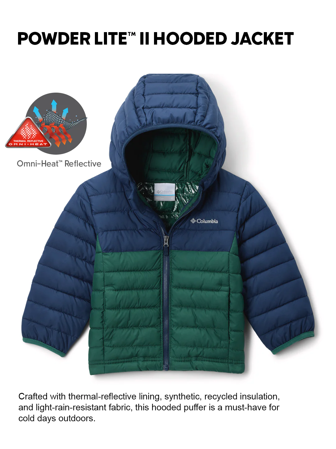 Columbia Kids Boys Green OmniHeat Reflective Powder Lite II Down Jacket - Image 2