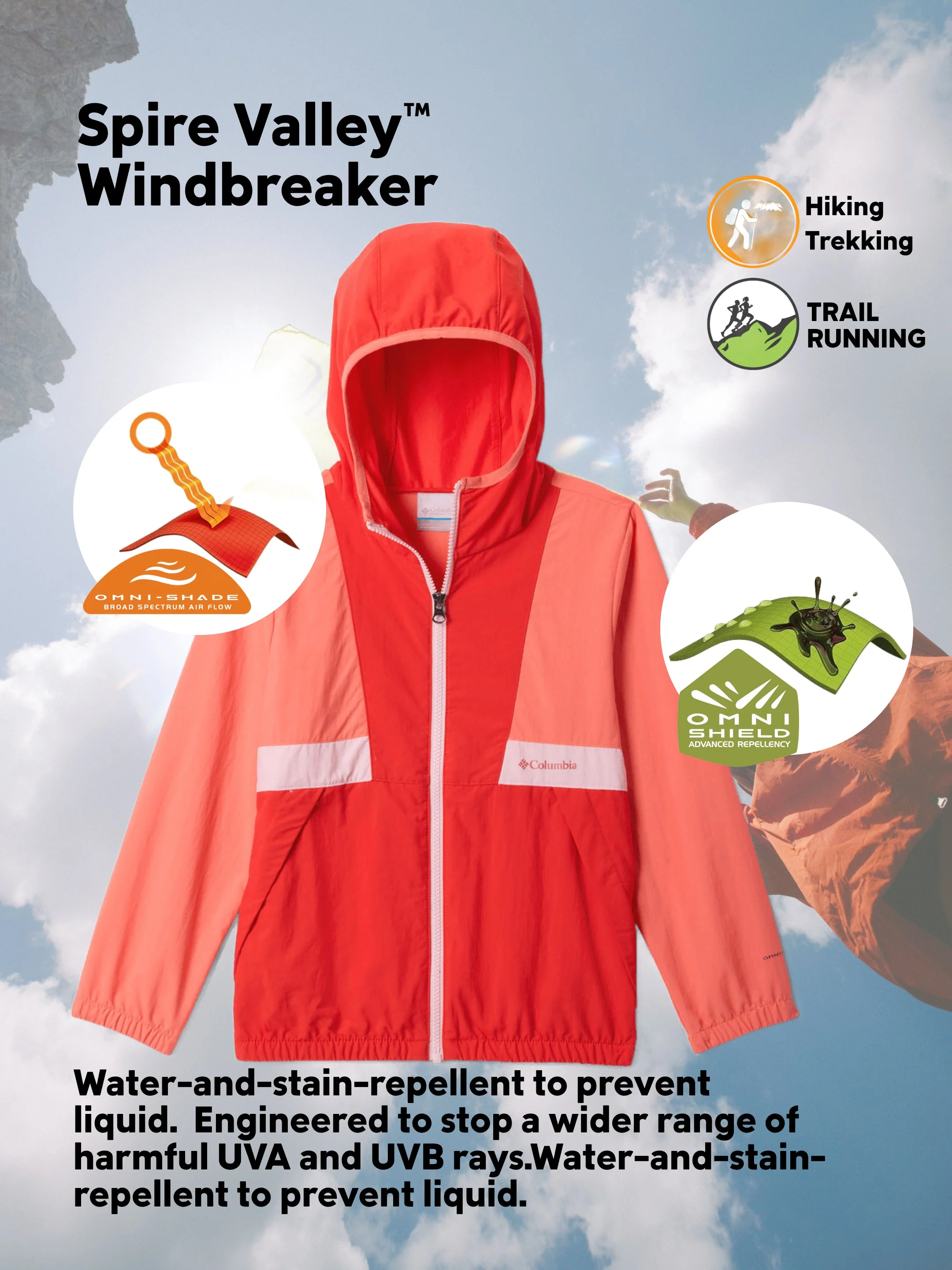 Columbia Kids Boys Orange Omni-Shade Spire Valley Windbreaker - Image 2