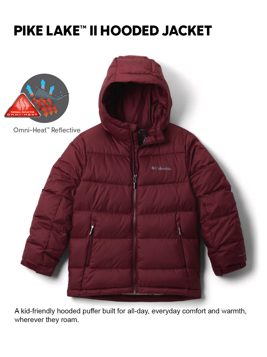 Columbia Kids Unisex Maroon OmniHeat Reflective Pike Lake II Down Jacket - Image 2