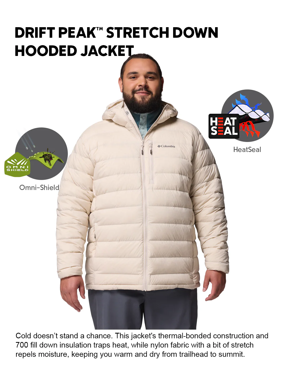 Columbia Men Beige HEAT SEAL Drift Peak Stretch Down Jacket - Image 2