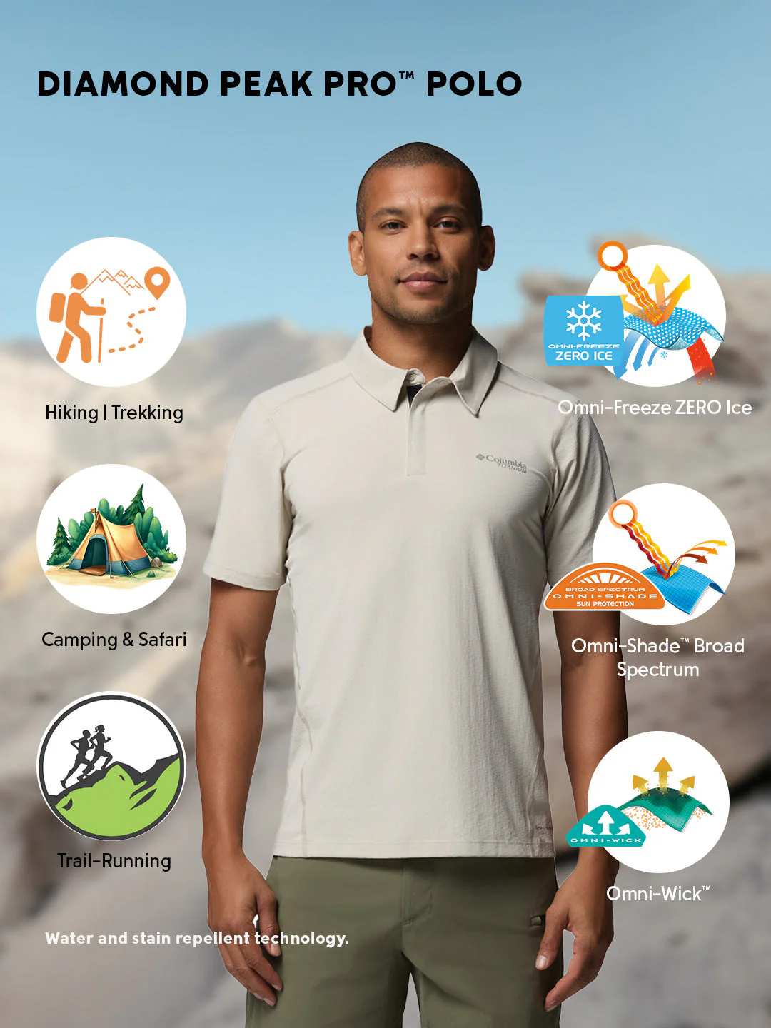 Columbia Men Beige Omni-Freeze Diamond Peak Pro Polo Tshirt - Image 2