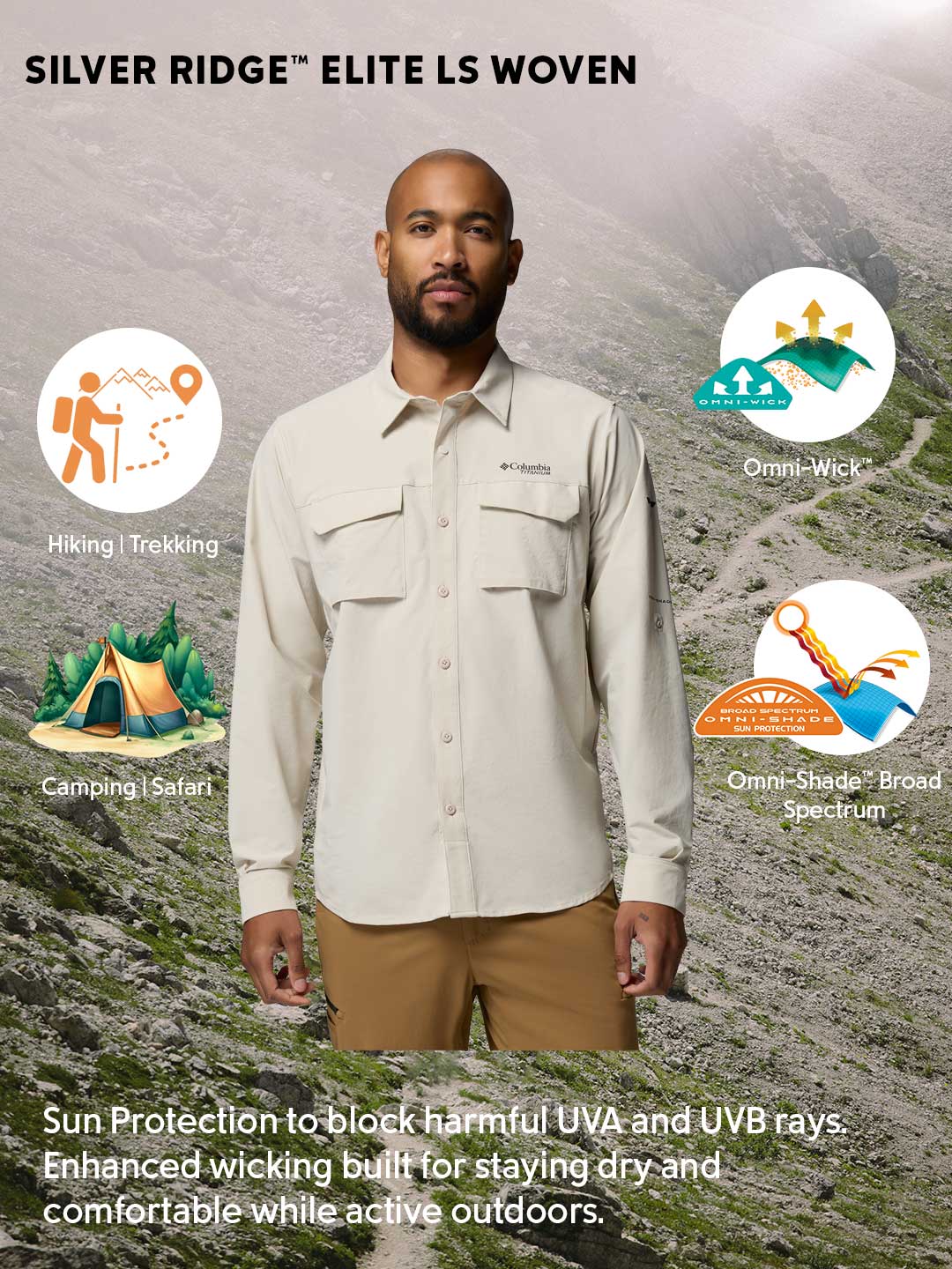 Columbia Men Beige Omni-Shade Silver Ridge Elite Long Sleeve Shirt - Image 2