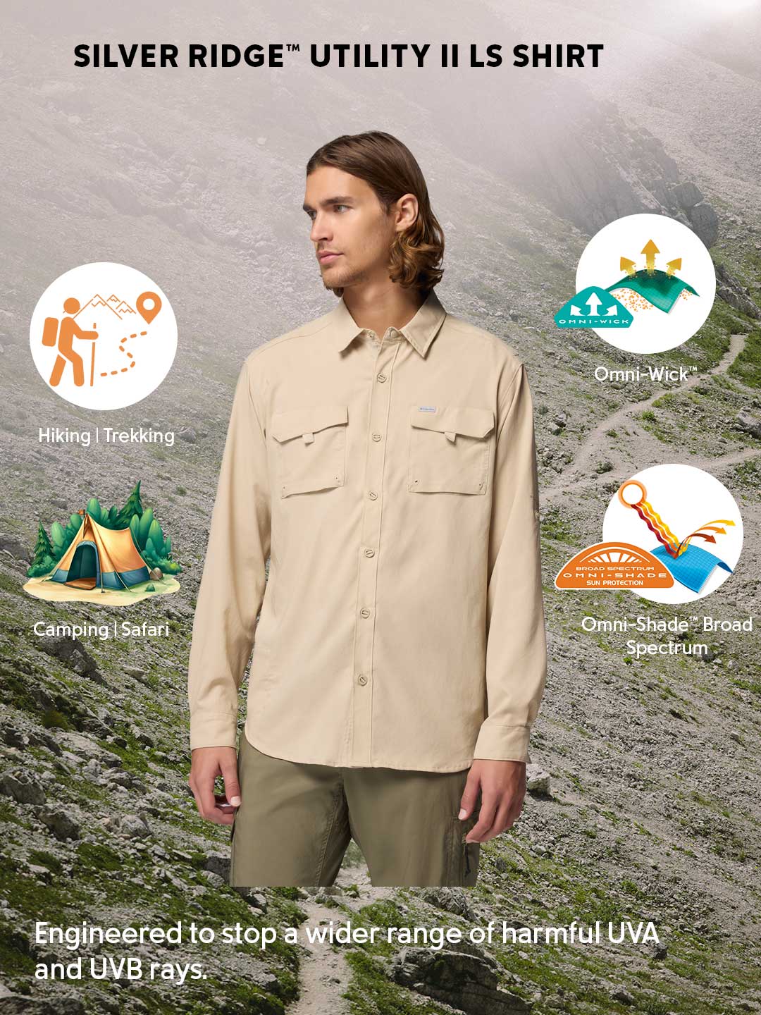 Columbia Men Beige Omni-Shade Silver Ridge Utility II Long Sleeve Shirt - Image 2