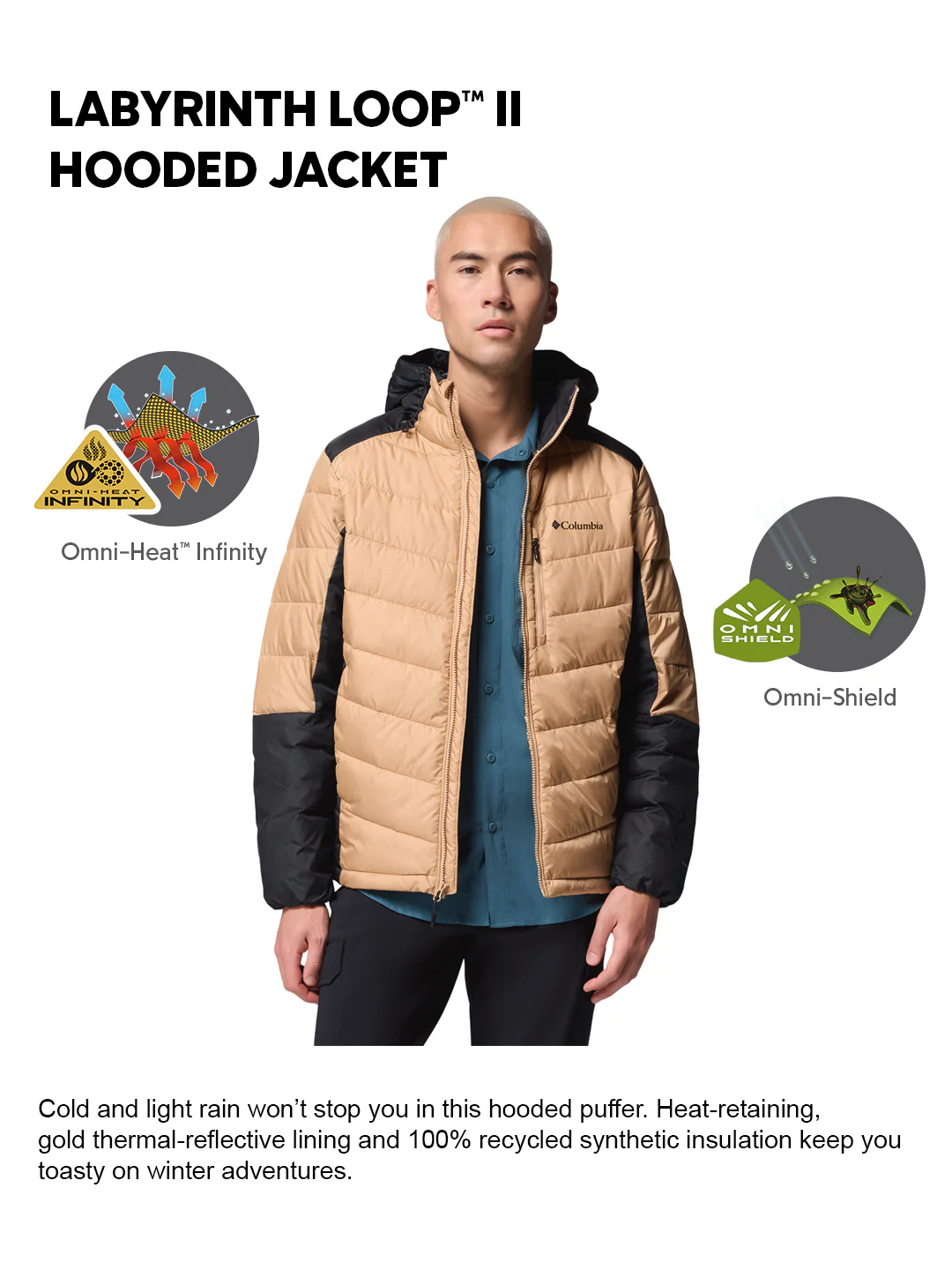 Columbia Men Beige OmniHeat Infinity Labyrinth Loop II Hooded Down Jacket - Image 2