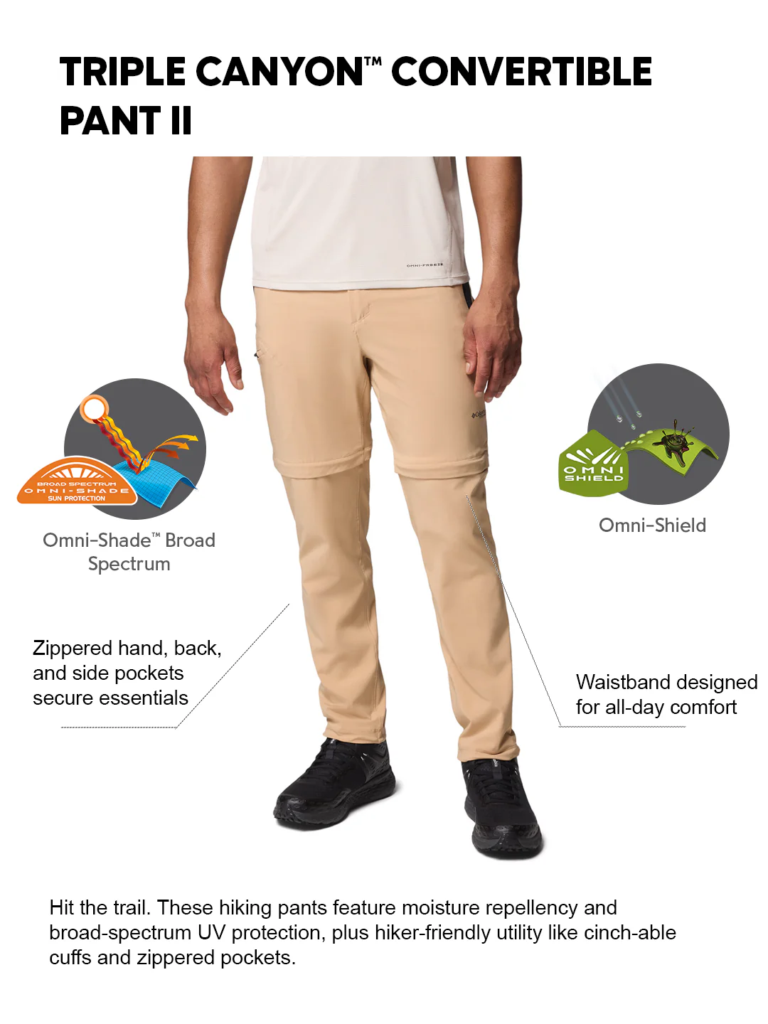 Columbia Men Beige OmniShade Broad Spectrum UPF 50 Triple Canyon Convertible II Pant - Image 2