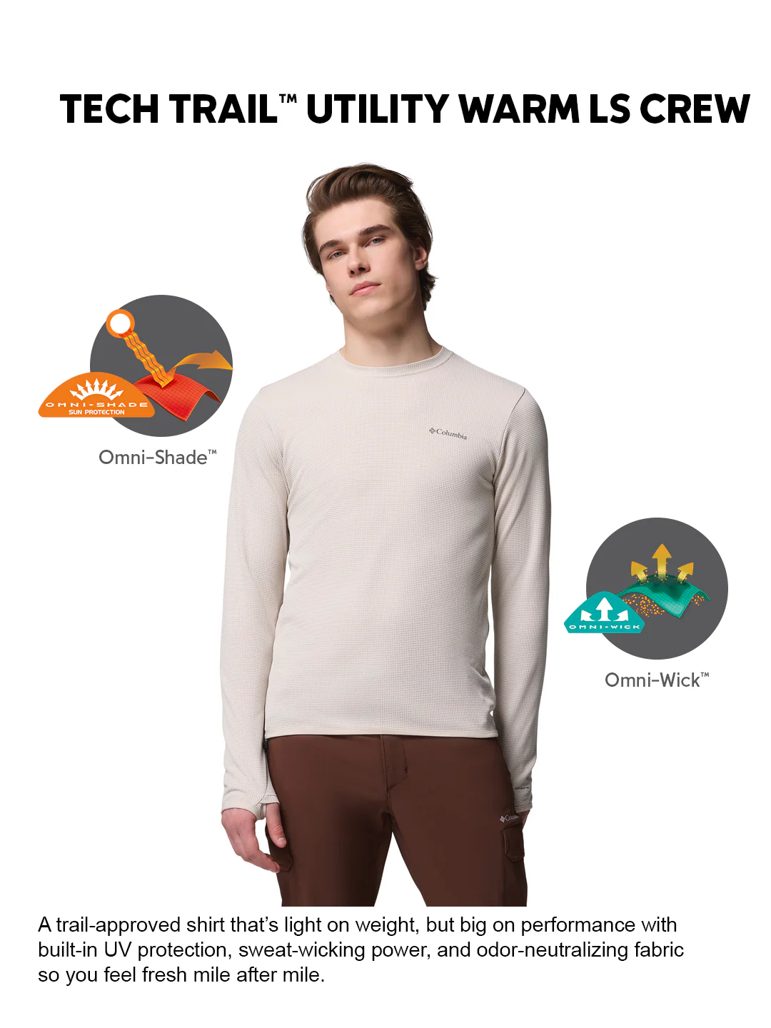 Columbia Men Beige OmniShade UPF 50 Tech Trail Utility Sweatshirt - Image 2