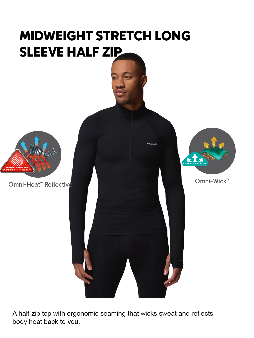 Columbia Men Black OmniHeat Reflective Midweight Stretch Long Sleeve Half Zip Thermal Top - Image 2