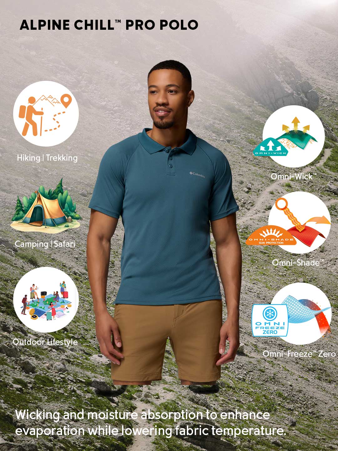 Columbia Men Blue Omni-Freeze Alpine Chill Pro Polo Tshirt - Image 2