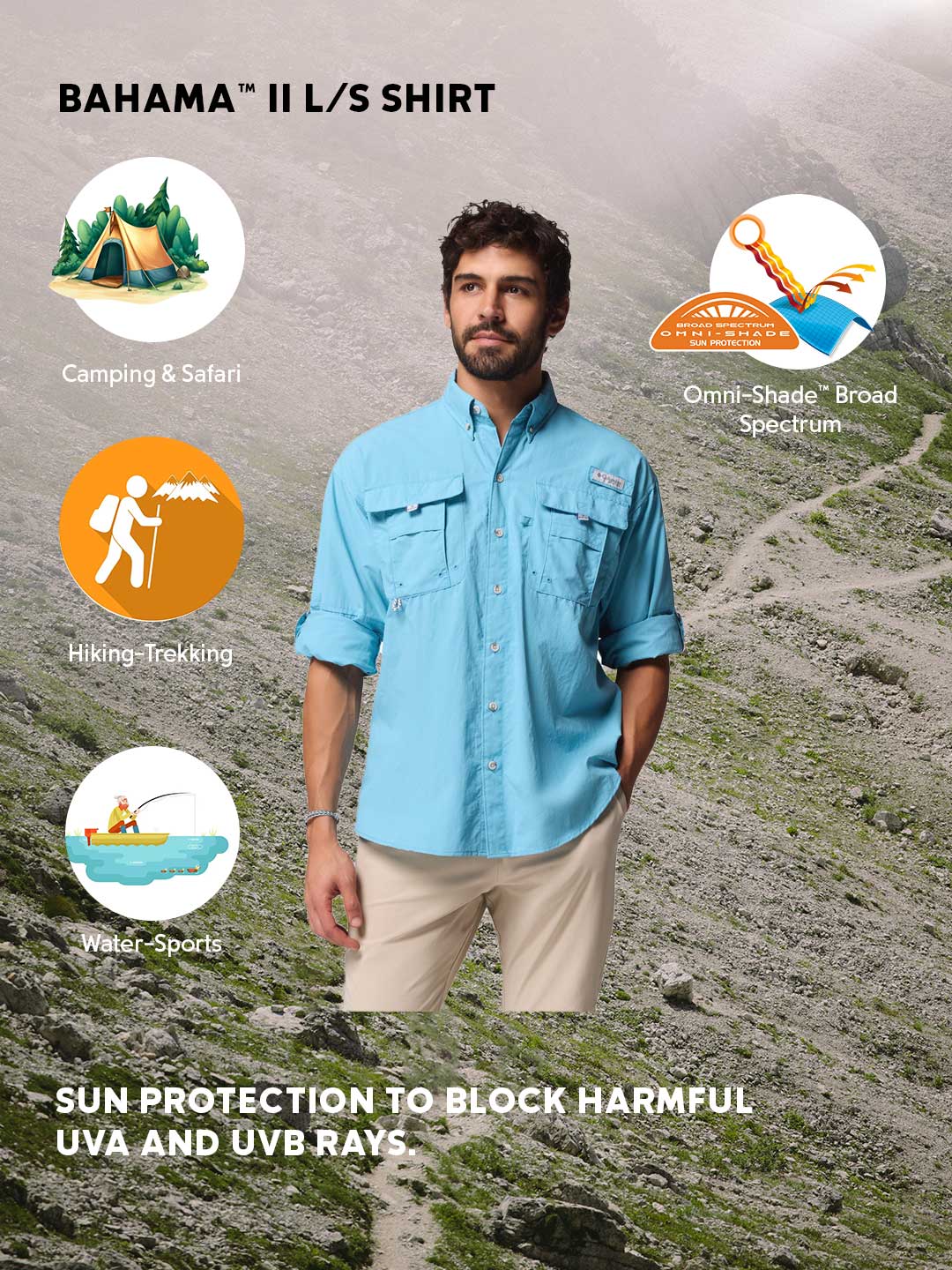 Columbia Men Blue Omni-Shade Bahama II Long Sleeve Shirt - Image 2