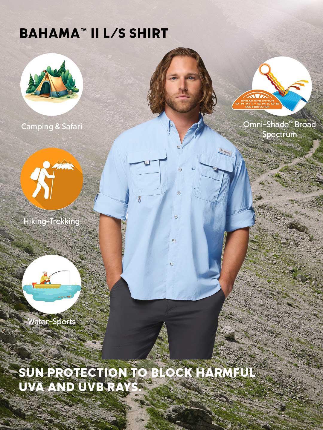 Columbia Men Blue Omni-Shade Bahama II Long Sleeve Shirt - Image 2