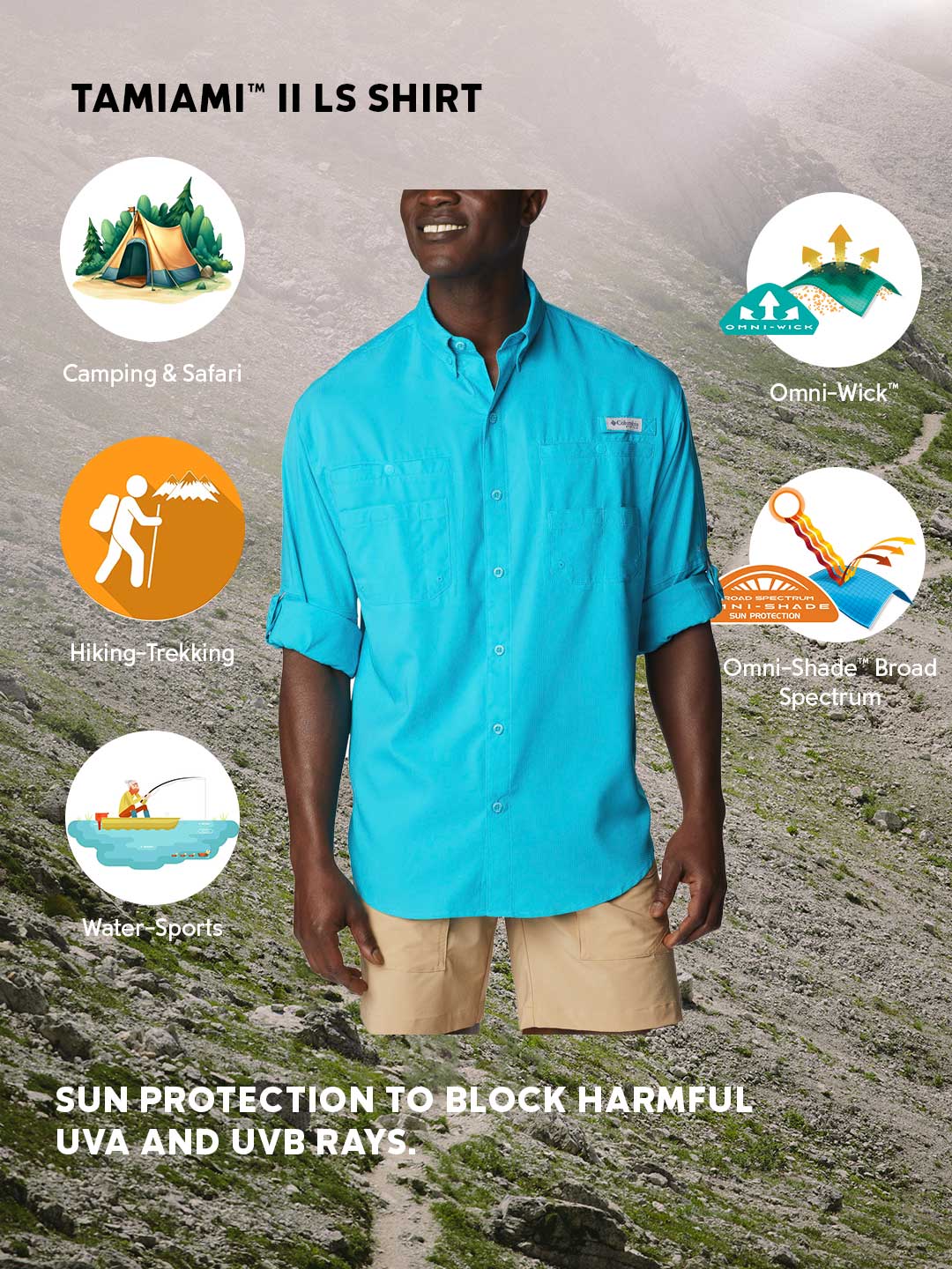 Columbia Men Blue Omni-Shade Tamiami II Long Sleeve Shirt - Image 2