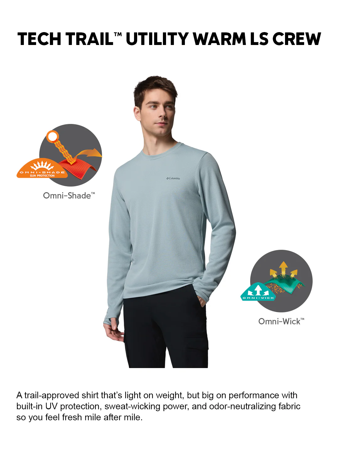 Columbia Men Blue OmniShade UPF 50 Tech Trail Utility Sweatshirt - Image 2