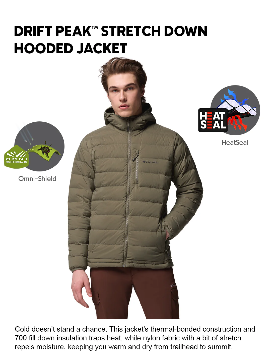 Columbia Men Green HEAT SEAL Drift Peak Stretch Down Jacket - Image 2