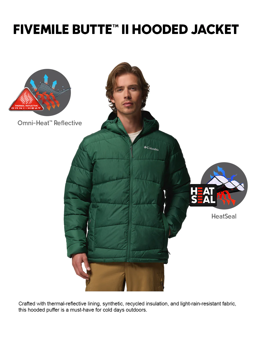 Columbia Men Green OmniHeat Reflective Fivemile Butte II Down Jacket - Image 2
