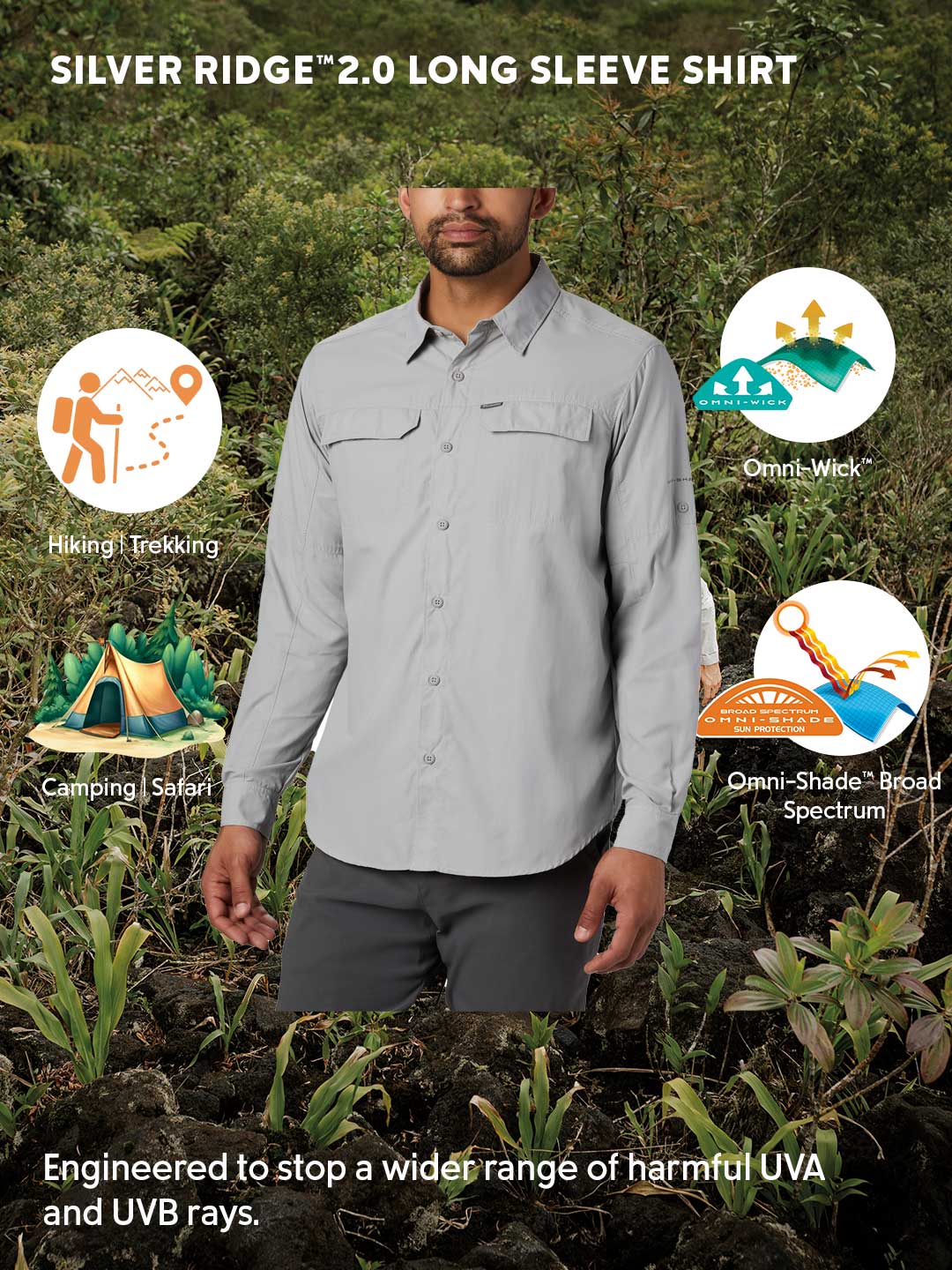 Columbia Men Grey Omni-Shade Silver Ridge 2.0 Long Sleeve Shirt - Image 2