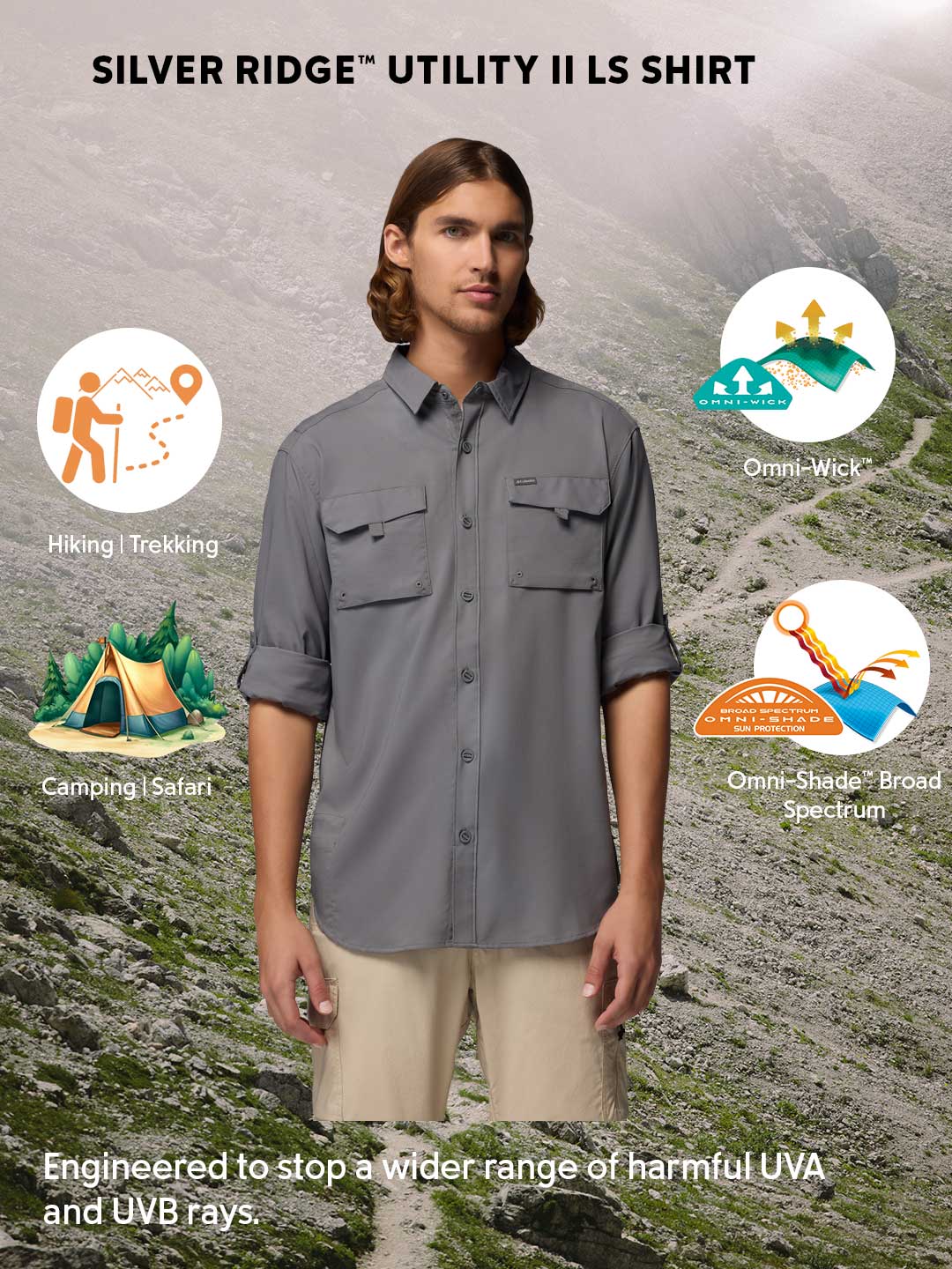 Columbia Men Grey Omni-Shade Silver Ridge Utility II Long Sleeve Shirt - Image 2