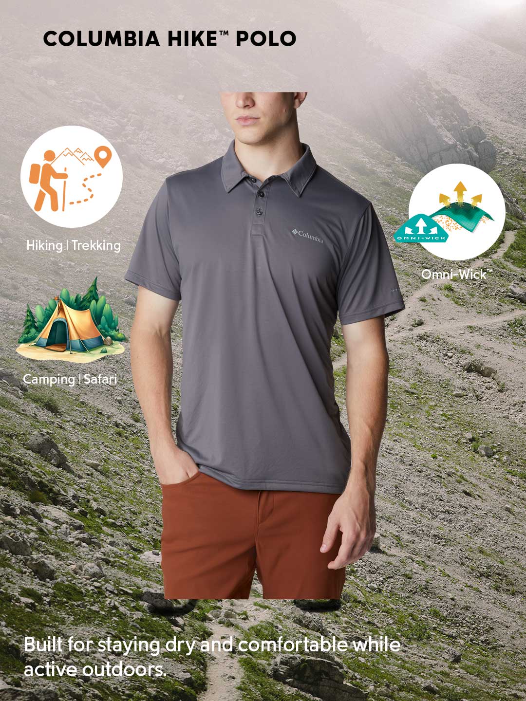 Columbia Men Grey Omni-Wick Hike Polo Tshirt - Image 2