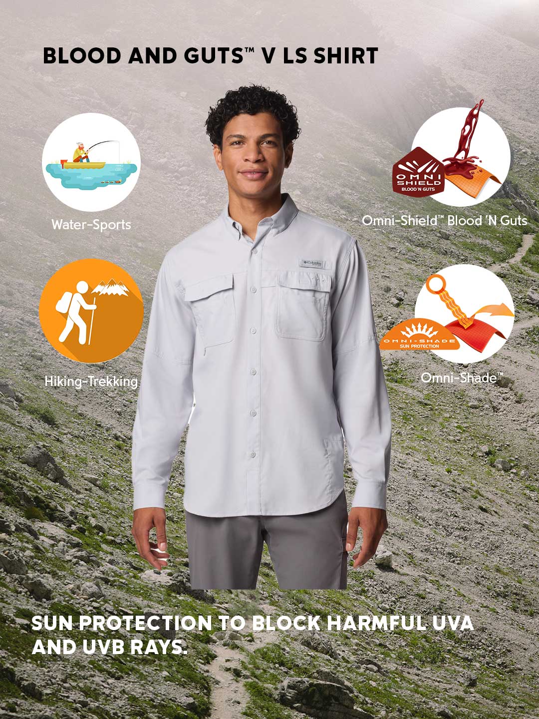 Columbia Men Light Grey Omni-Shade Blood n Guts V Long Sleeve Shirt - Image 2