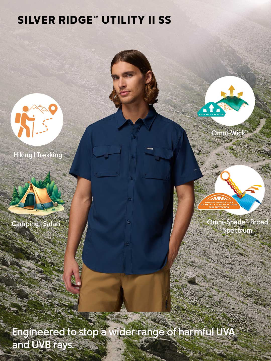 Columbia Men Navy Blue Omni-Shade Silver Ridge Utility II Short Sleeve Shirt - Image 2