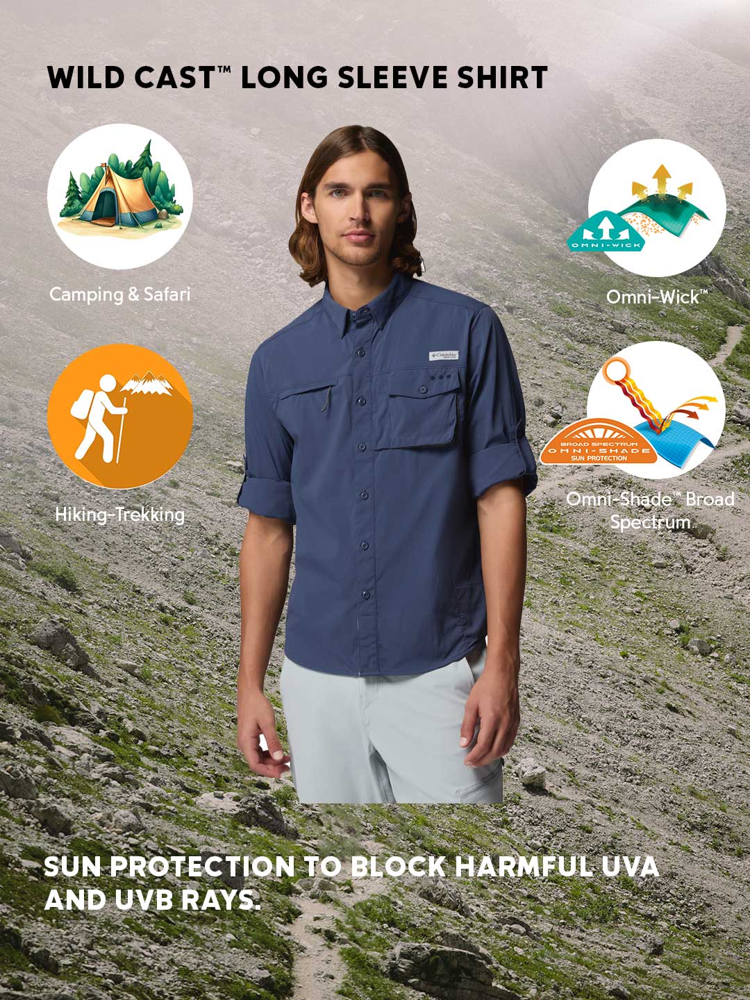 Columbia Men Navy Blue Omni-Shade Wild Cast Long Sleeve Shirt - Image 2