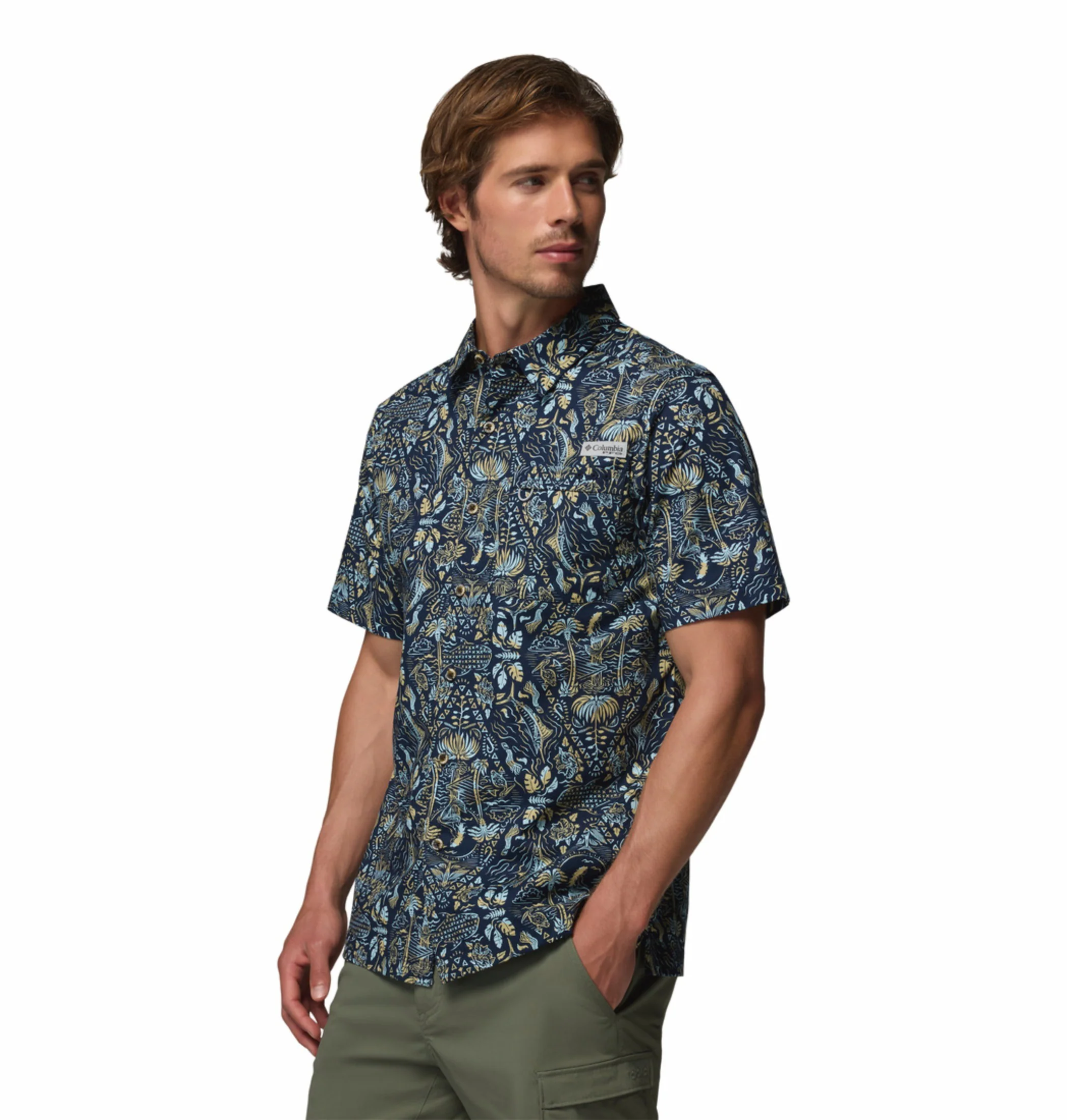 Columbia Men Navy Blue Wild Cast Camp Short Sleeve Shirt - Image 5