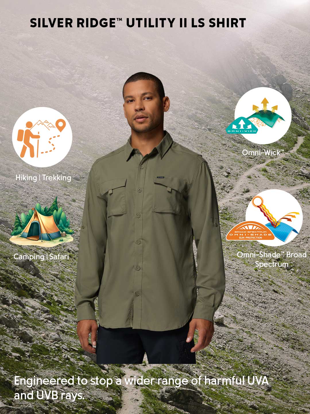 Columbia Men Olive Green Omni-Shade Silver Ridge Utility II Long Sleeve Shirt - Image 2