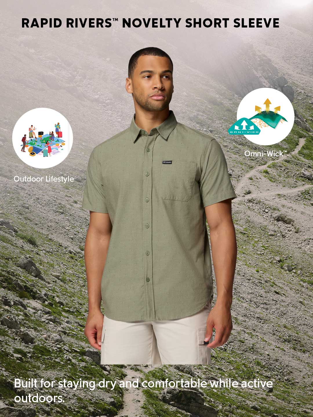 Columbia Men Olive Green Omni-Wick Rapid Rivers Novelty Short Sleeve Shirt - Image 2