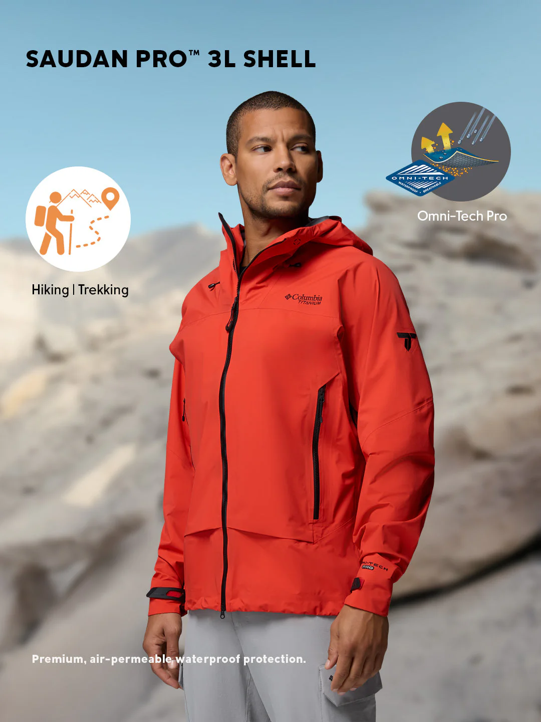 Columbia Men Orange Omni-Tech Saudan Pro 3L Shell Rain Jacket - Image 2