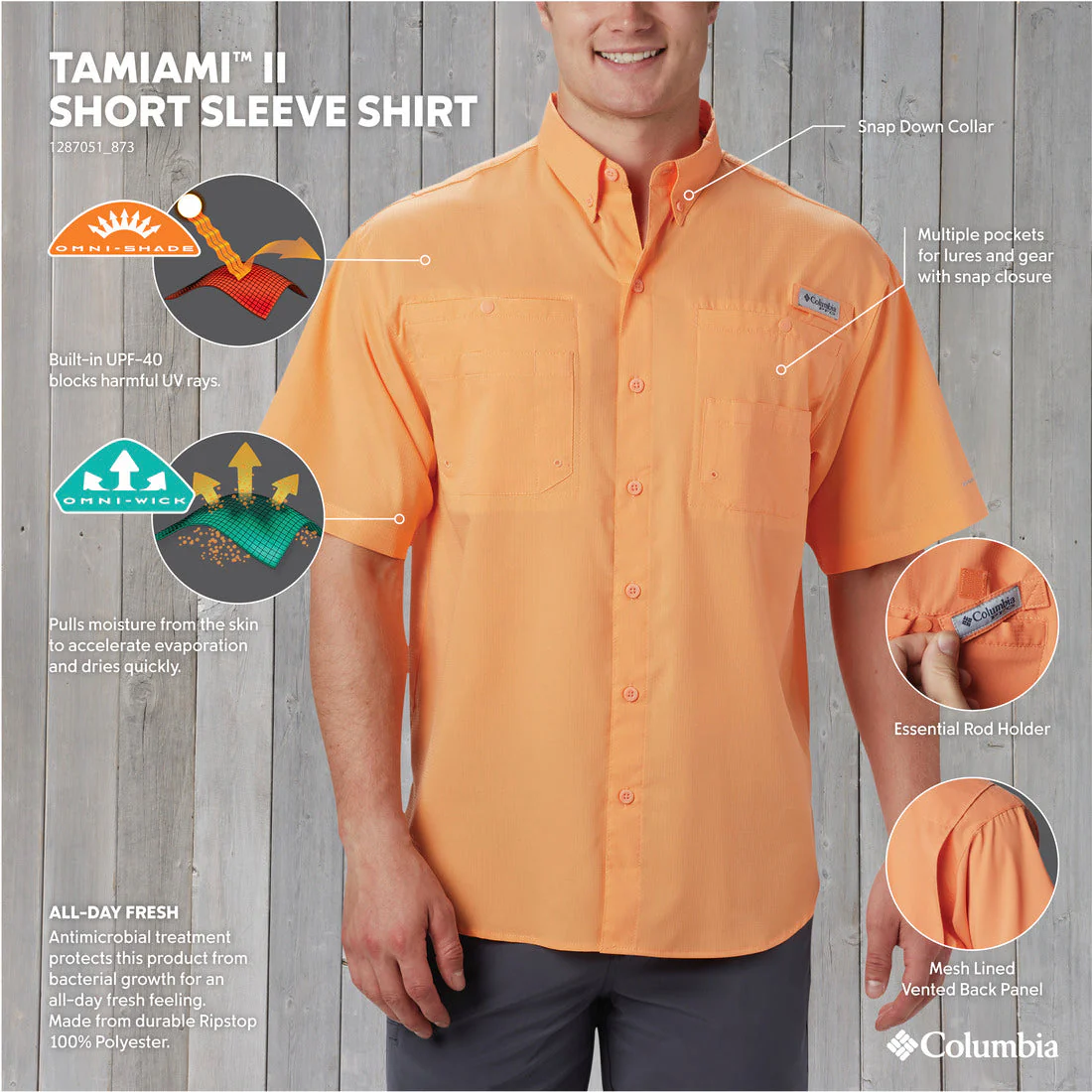 Columbia Men Peach Omni-Shade Tamiami II Short Sleeve Shirt - Image 2
