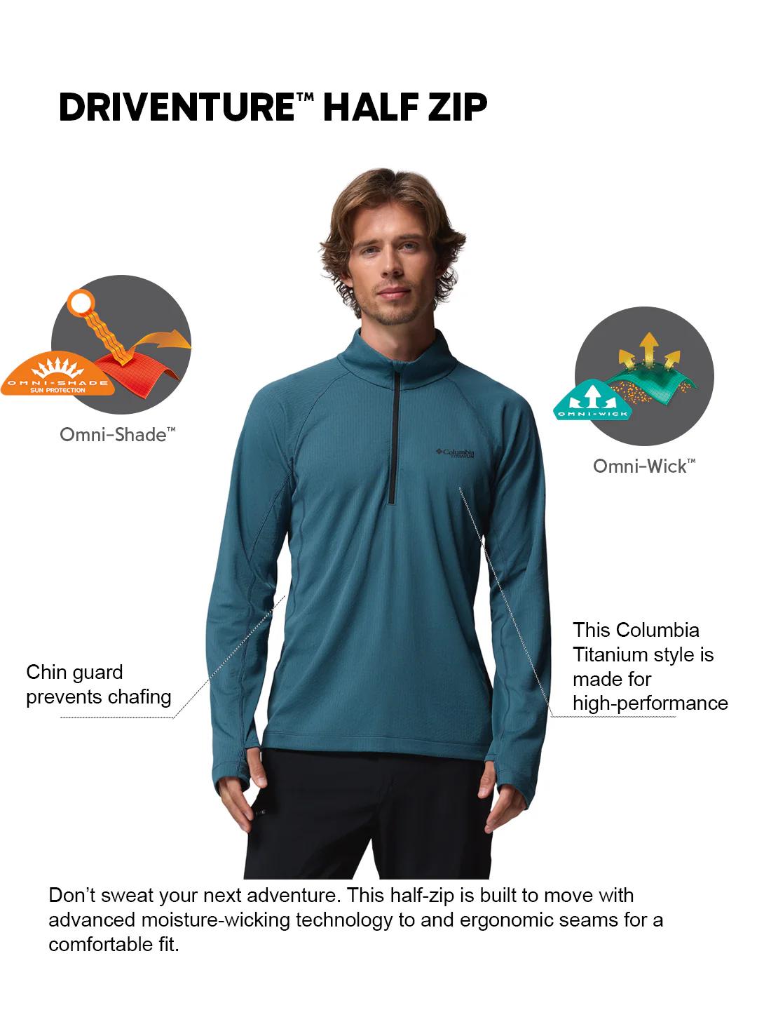 Columbia Men Teal OmniShade UPF 50 DriVenture Sweatshirt - Image 2