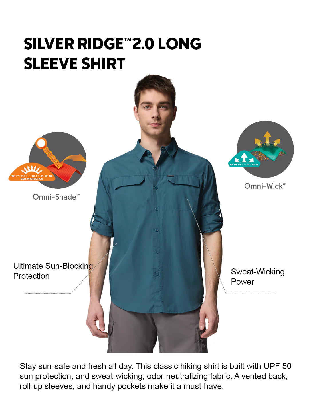 Columbia Men Teal OmniShade UPF 50 Silver Ridge 2.0 Long Sleeve Shirt - Image 2