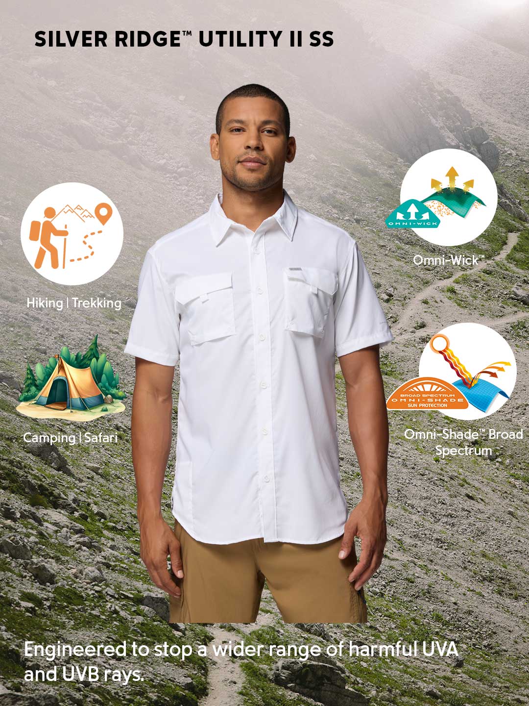 Columbia Men White Omni-Shade Silver Ridge Utility II Short Sleeve Shirt - Image 2