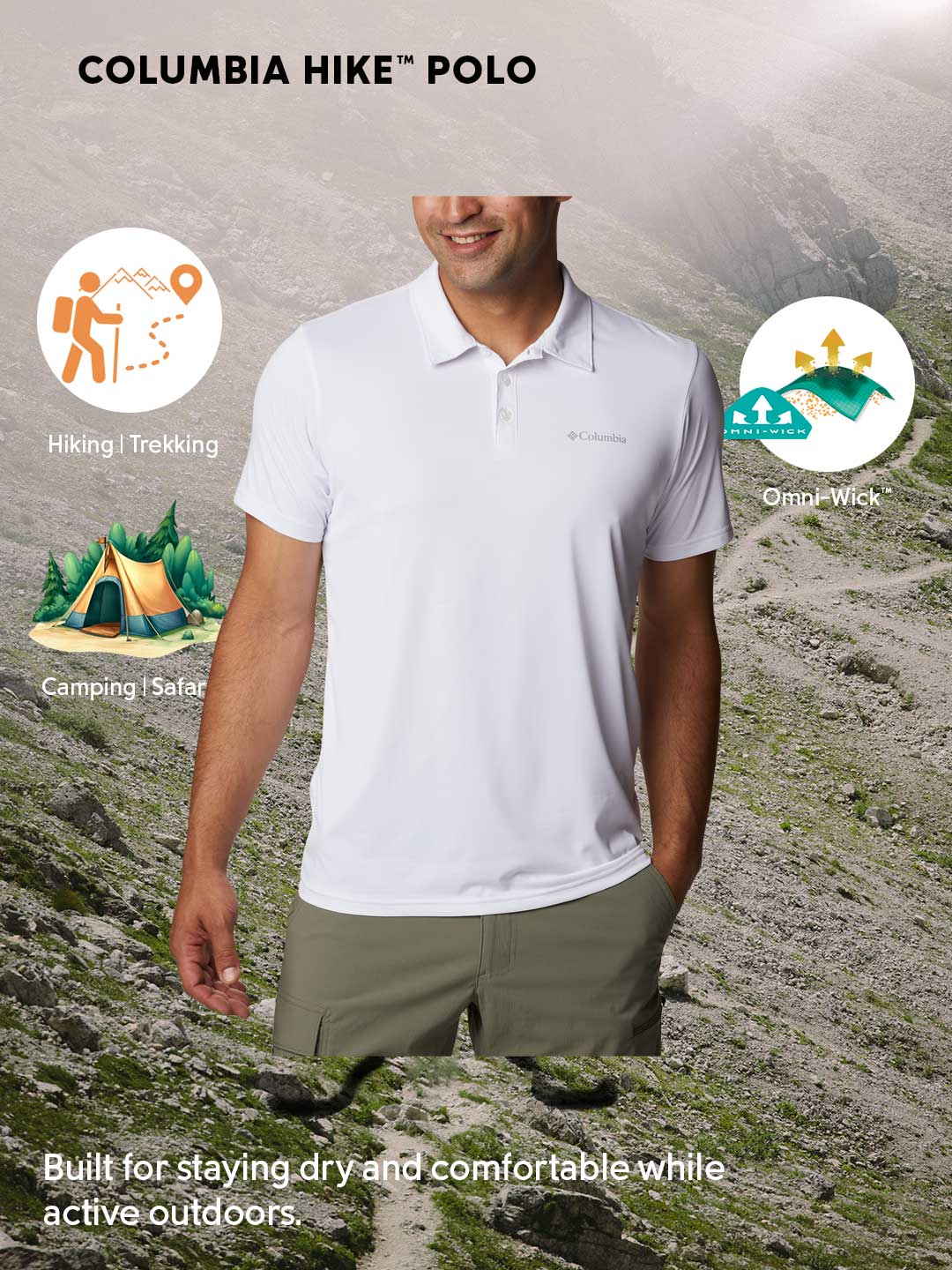 Columbia Men White Omni-Wick Hike Polo Tshirt - Image 2