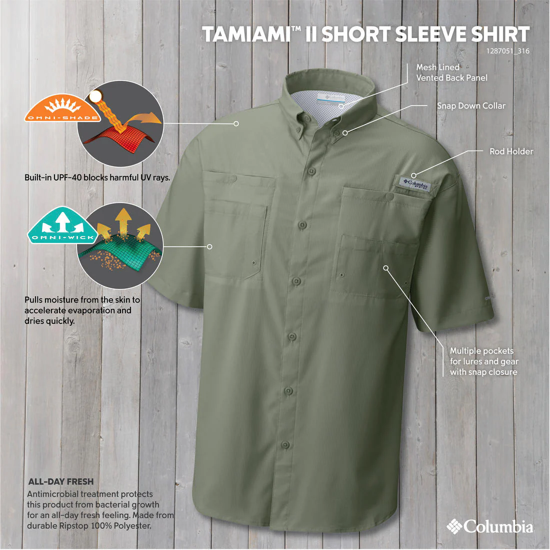 Columbia Men Green Tamiami II SS Shirt (Sun Protection) - Image 2