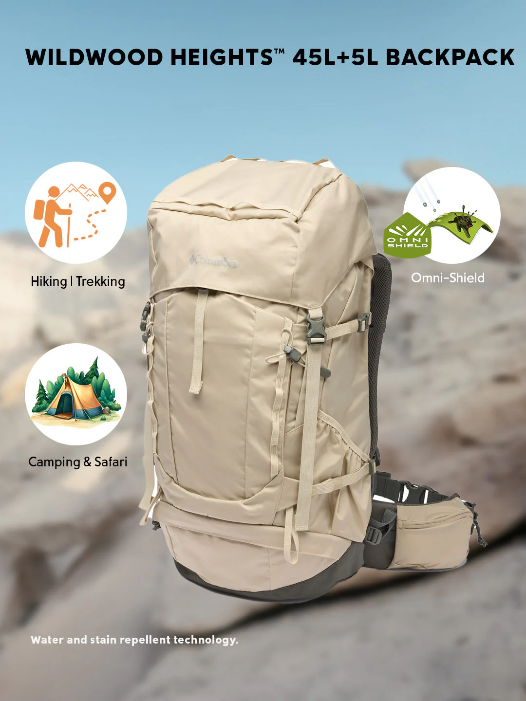 Columbia Unisex Beige Omni-Shield Wildwood Heights 45L+5L Backpack - Image 2