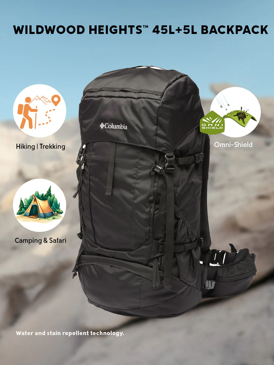 Columbia Unisex Black Omni-Shield Wildwood Heights 45L+5L Backpack - Image 2
