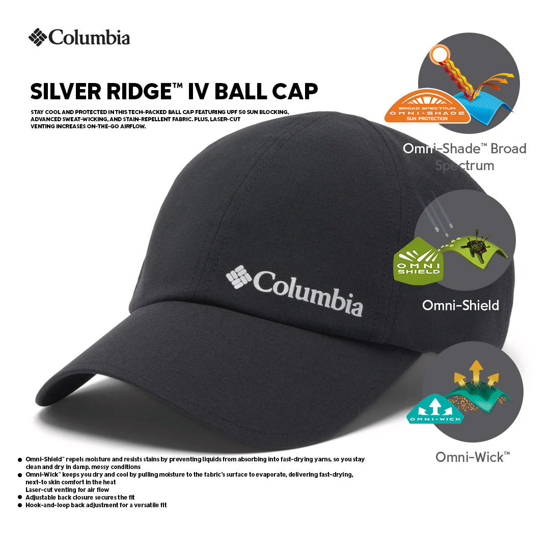 Columbia Unisex Black Silver Ridge IV Ball Cap (Sun Protection)