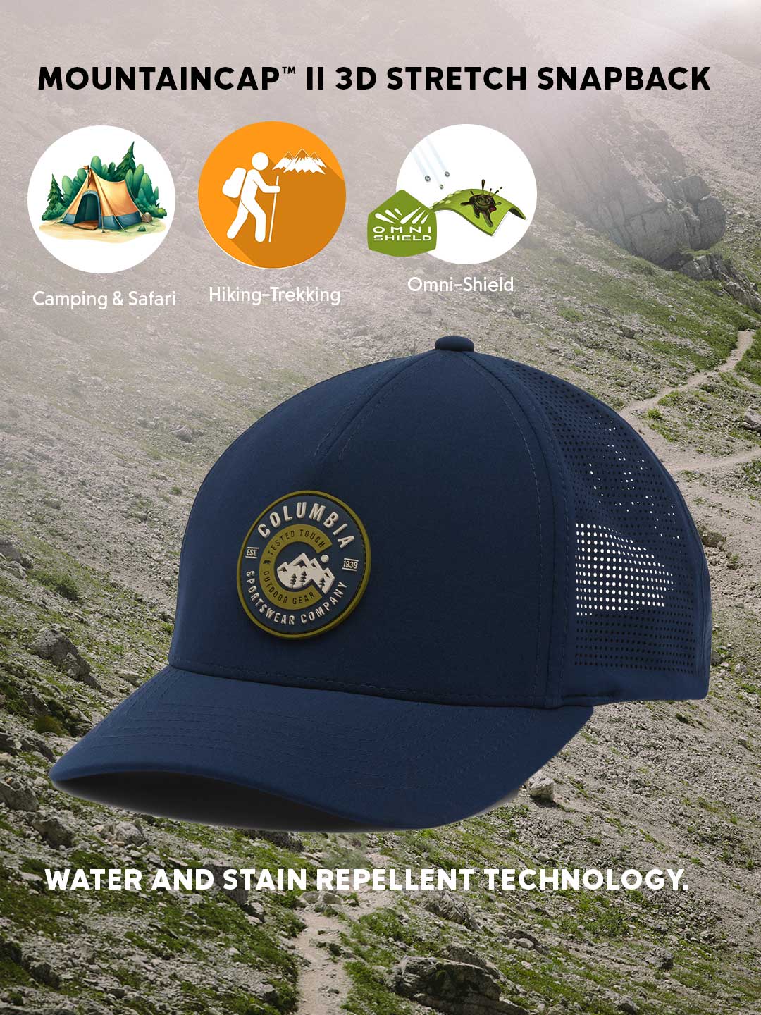 Columbia Unisex Navy Blue Omni-Shield Mountaincap II 3D Stretch Snap Back Cap - Image 2