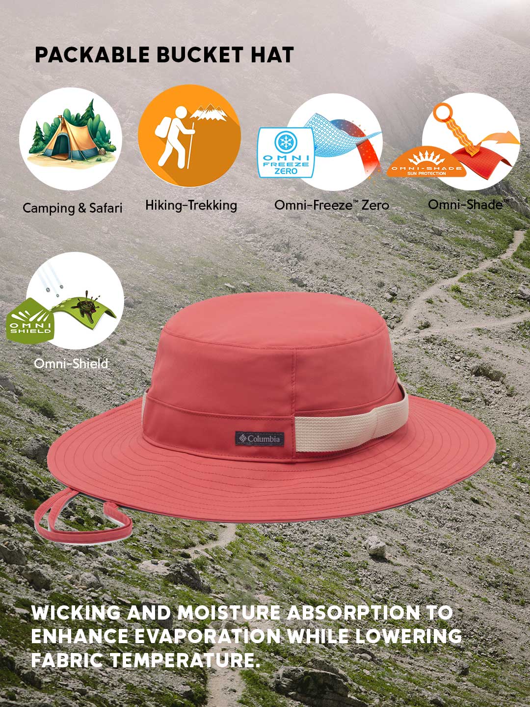 Columbia Unisex Pink Omni-Freeze Packable Bucket Hat - Image 2