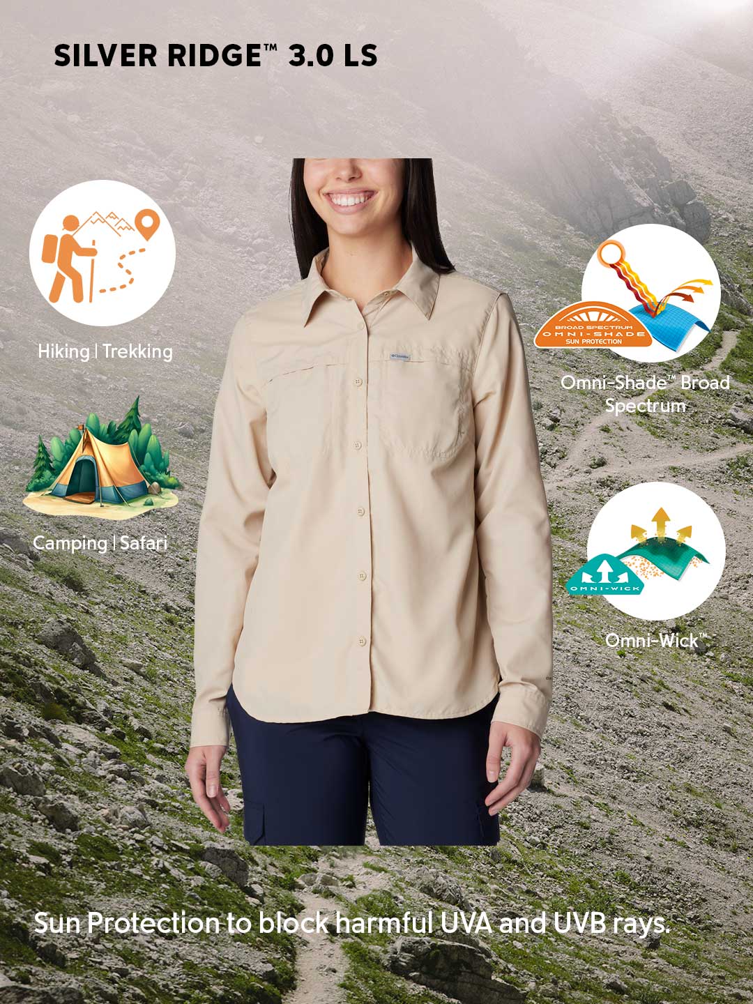 Columbia Women Beige Omni-Shade Silver Ridge 3.0 Long Sleeve Shirt - Image 2