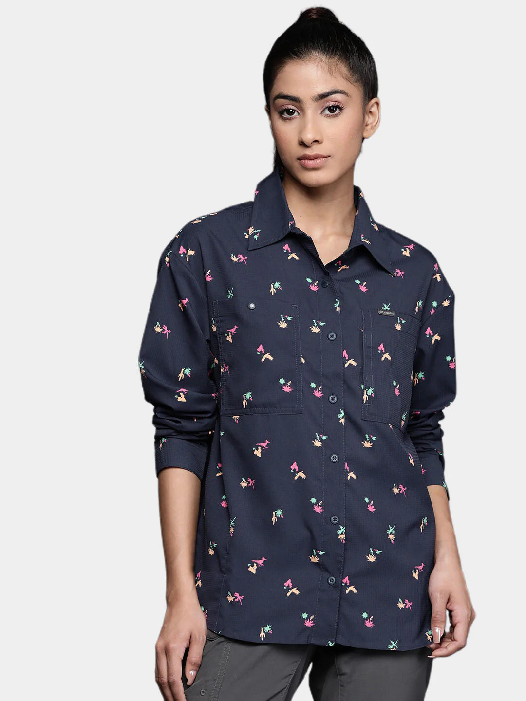 Columbia Women Navy Blue Silver Ridge Utility Patterned LS Shirt (Sun Protection) - Image 12