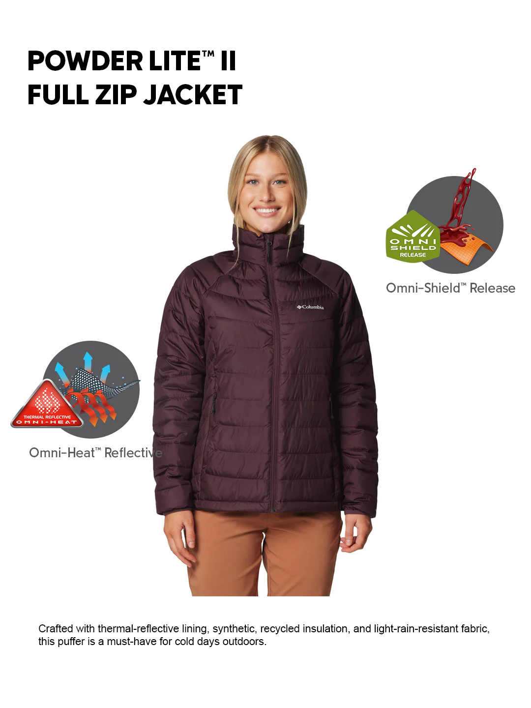 Columbia Women Maroon OmniHeat Reflective Powder Lite II Down Jacket - Image 2