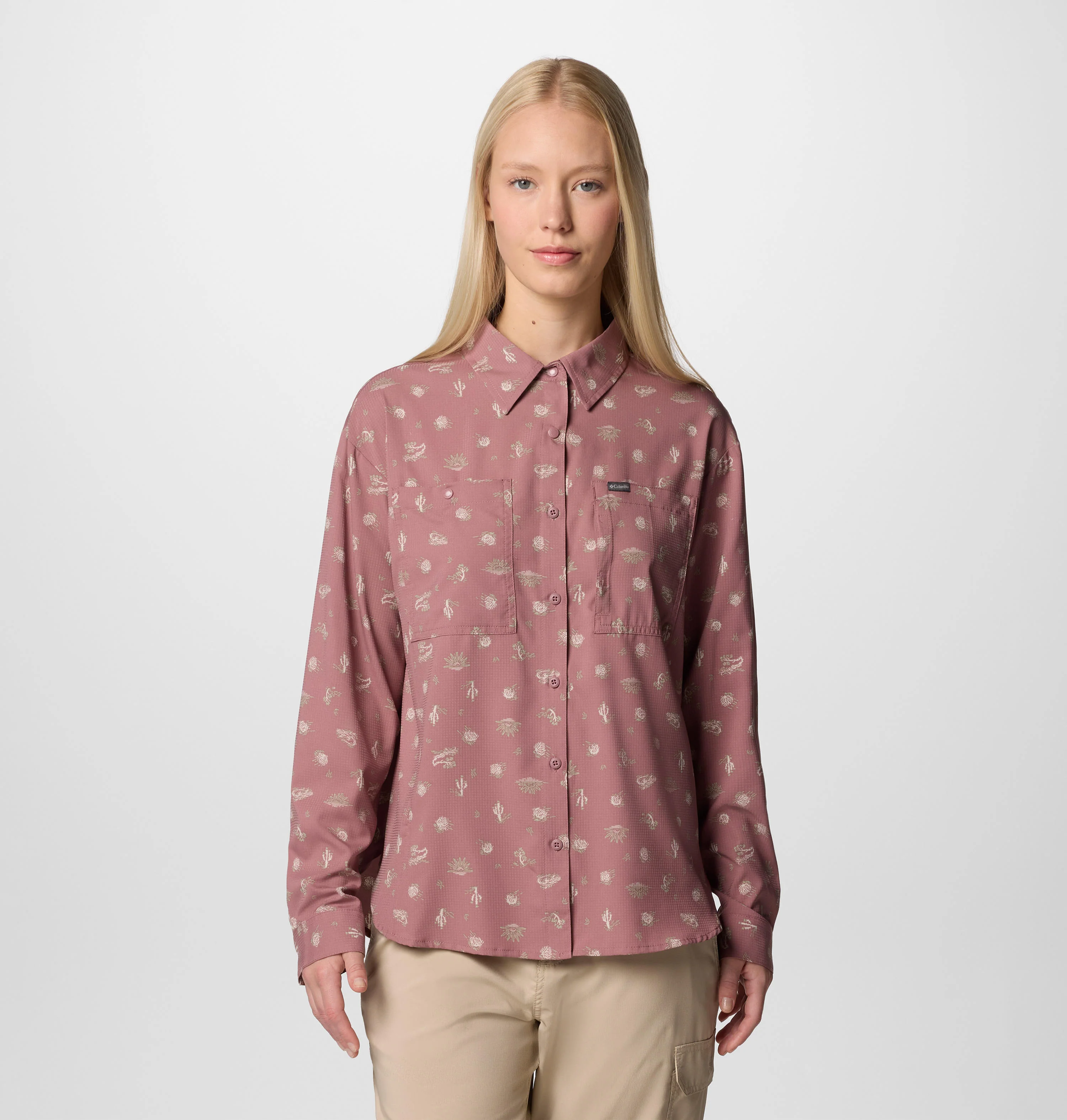 Columbia Women Red Silver Ridge Utility Patterned LS Shirt (Sun Protection)