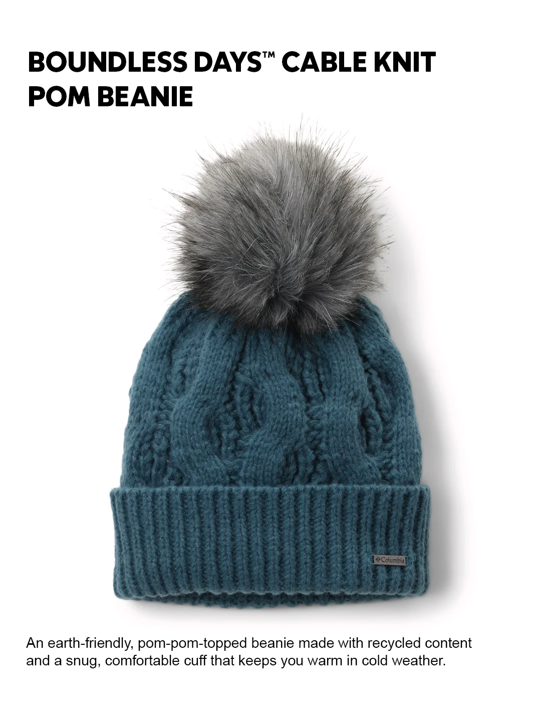 Columbia Womens Teal  Boundless Days Cable Knit Pom Beanie - Image 2